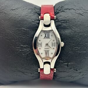 Vintage Women’s Quartz Watch Silver-tone Case Red leather Strap Working